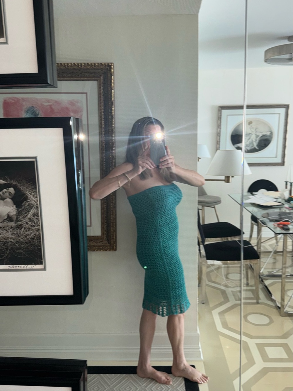 Barneys New York CO-OP Strapless Teal Crochet Dress